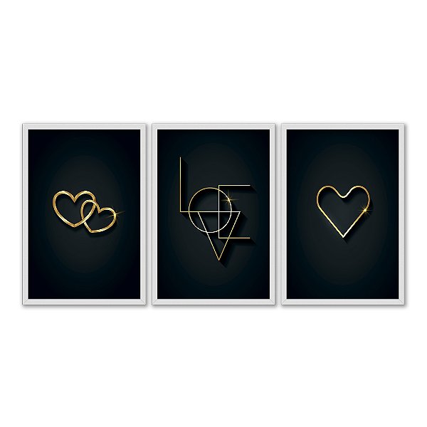 Kit 3 Quadros Decorativos Love Corações Dourados Fundo Preto