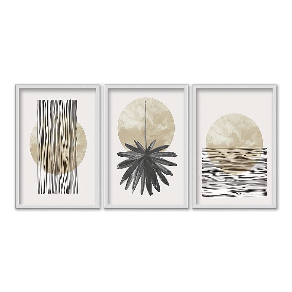 Kit 3 Quadros Decorativos Abstrato Lua Linhas Moderno Tons De Bege