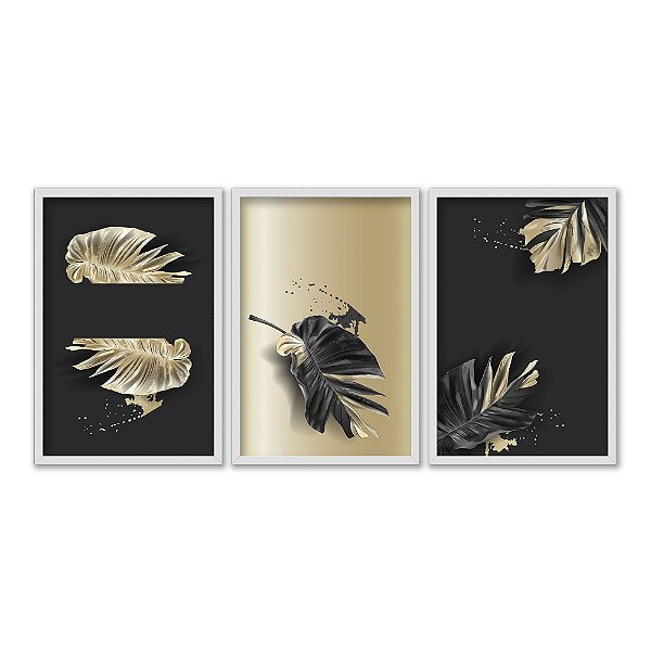 Kit 3 Quadros Decorativos Costelas De Adão Douradas Fundo Preto