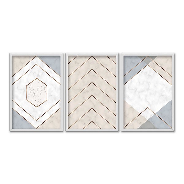 Kit 3 Quadros Decorativos Variedades De Mármore Detalhes Cobre