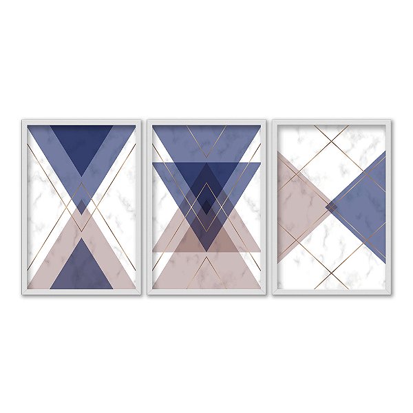 Kit 3 Quadros Decorativos Mármore Figuras Geométricas Detalhes Cobre
