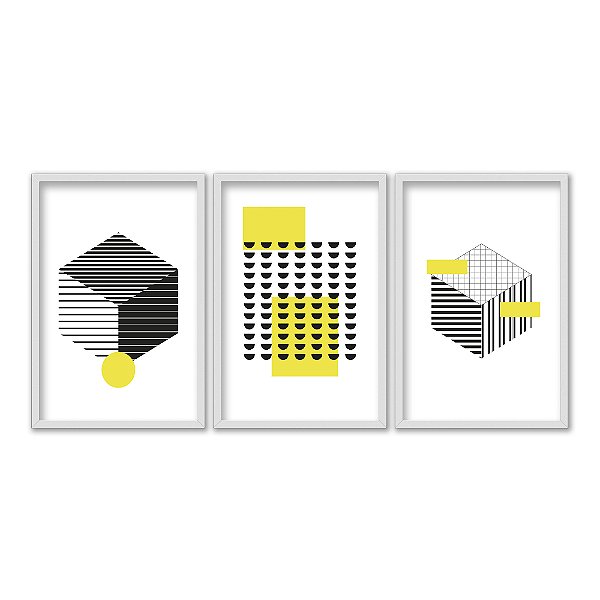 Kit 3 Quadros Decorativos Abstrato Figuras Geométricas Detalhes Amarelos