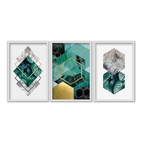 Kit 3 Quadros Decorativos Figuras Geométricas Verde Dourado Moderno