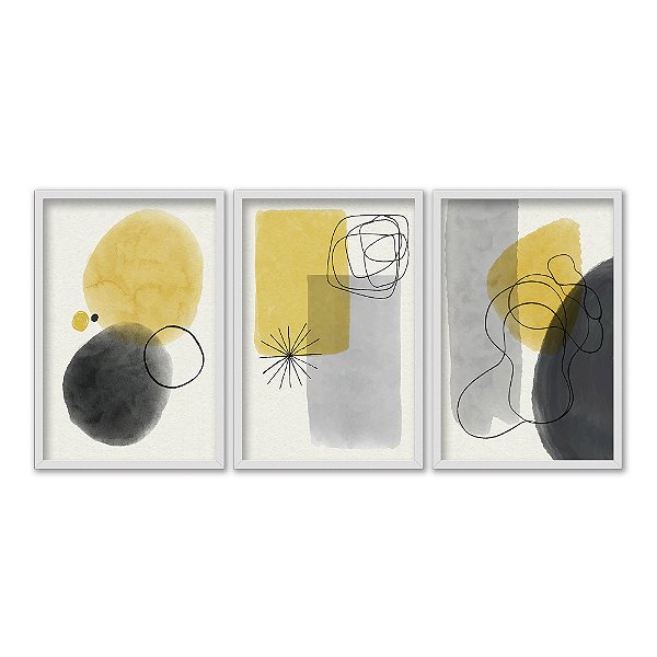 Kit 3 Quadros Decorativos Figuras Geométricas Borradas Abstrato Amarelo e Preto