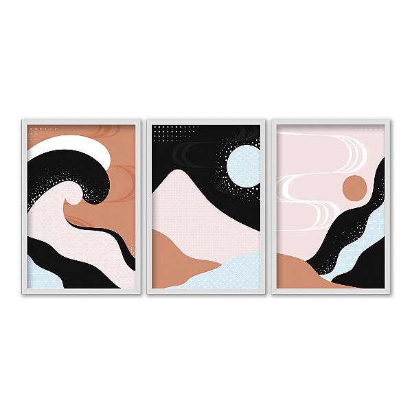 Kit 3 Quadros Decorativos Montanha Com Uma Lua No Céu Ondas Abstrato Moderno