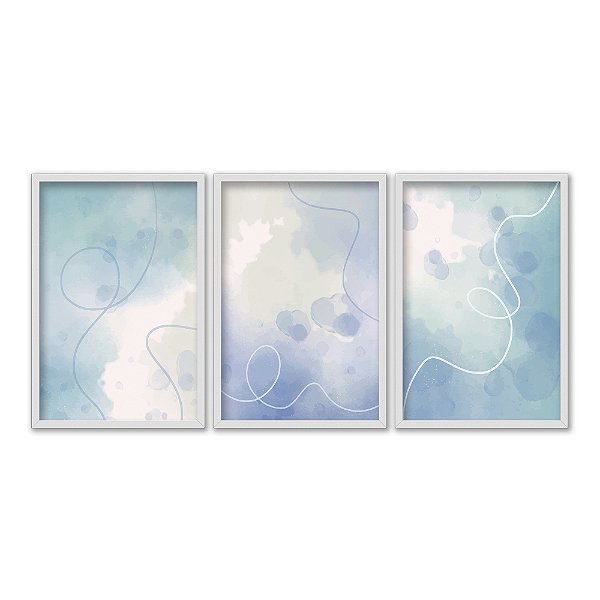 Kit 3 Quadros Decorativos Linha Flutuante Fundo De Nuvens