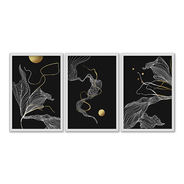 Kit 3 Quadros Decorativos Circulos Dourados Folhas Brancas Fundo Preto Linha Dourada Abstrato