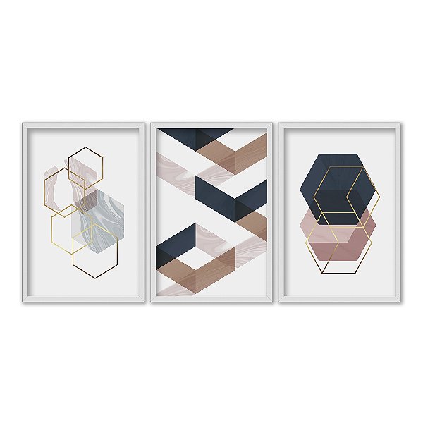 Kit 3 Quadros Decorativos Padrões Geométricos Faixas e Hexagonos