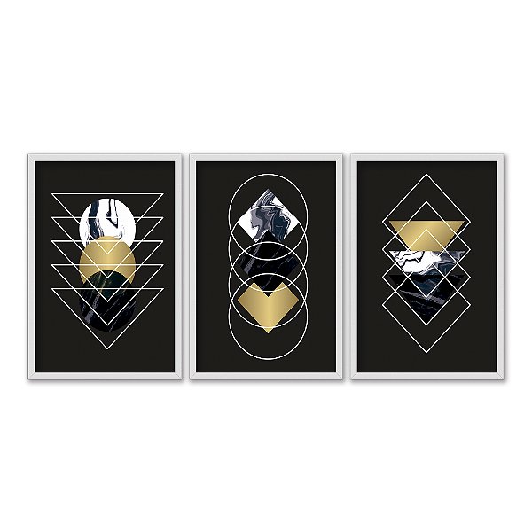 Kit 3 Quadros Decorativos Circulos Mármorizados Detalhes Em Ouro Preto E Branco Morderno