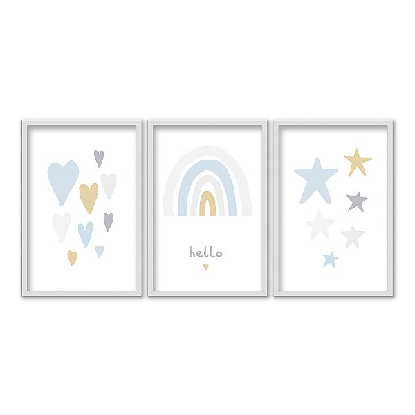Kit 3 Quadros Decorativos Corações Estrelas Arco-Íris Tons Pasteis