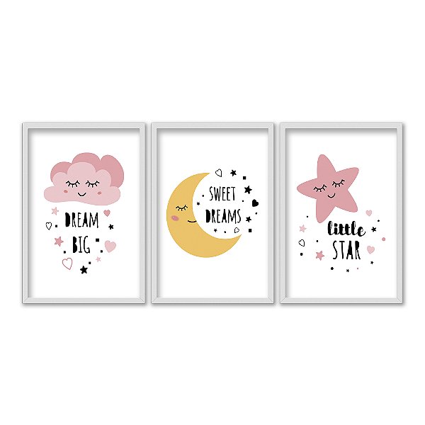Kit 3 Quadros Decorativos Desenho Nuvem Lua Estrela Dormindo Frase Bons Sonhos