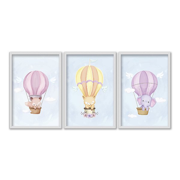 Kit 3 Quadros Decorativos Animais Em Um Balão De Ar Quente Infantil