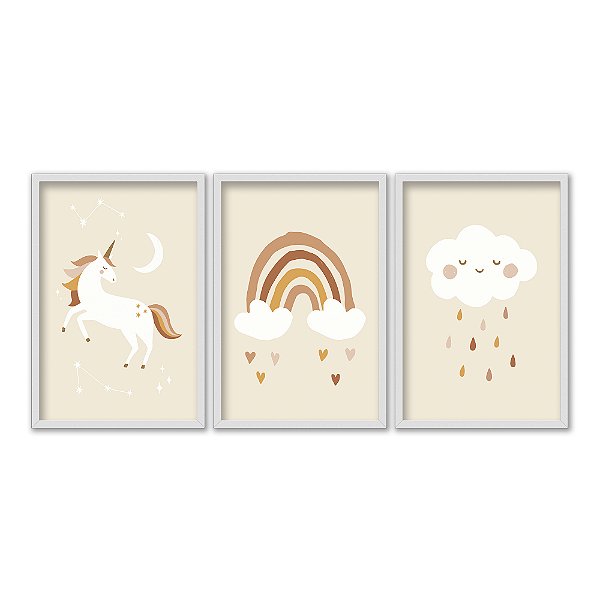 Kit 3 Quadros Decorativos Desenho Arco-Íris Núvens Unicornio Infantil Fundo Bege