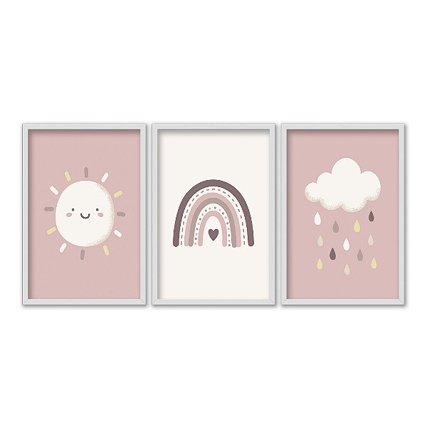 Kit 3 Quadros Decorativos Desenho Um Arco Sol Nuvem Infantil Tons Pastéis