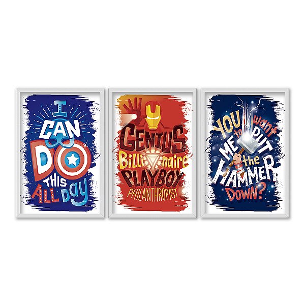 Kit 3 Quadros Decorativos Posters Frases Marcantes Heróis