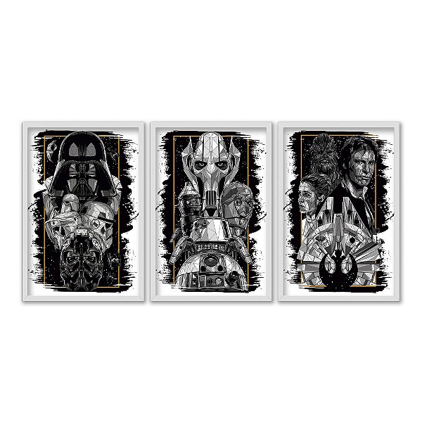 Kit 3 Quadros Decorativos Personagens Estilizados Star Wars Preto E Branco