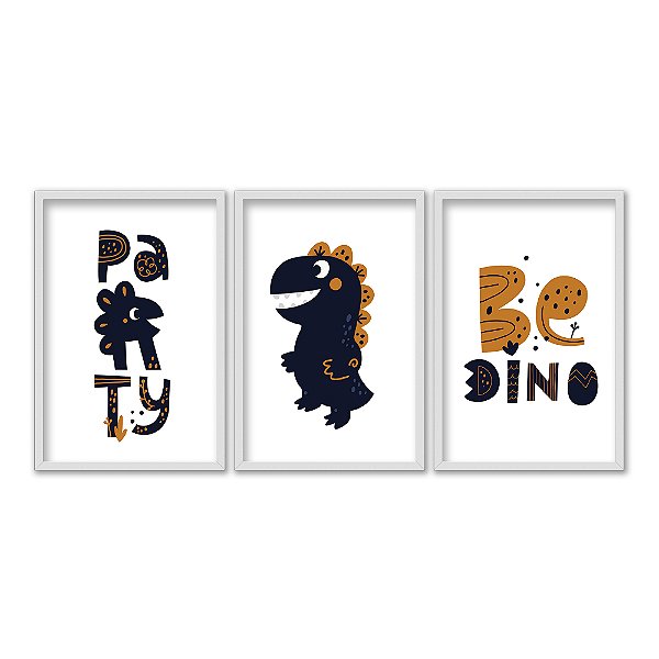 Kit 3 Quadros Decorativos Dinossauro Cartoon Sorrindo Infantil Frase Seja Dinossauro