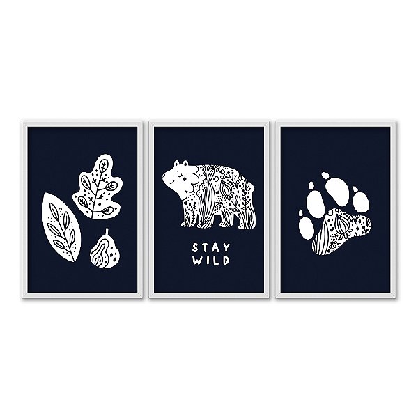 Kit 3 Quadros Decorativos Urso Florido Folhas Preto e Branco Frase Permaneça Selvagem