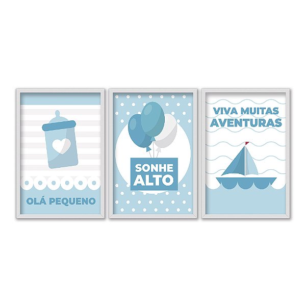 Kit 3 Quadros Decorativos Mamadeira Balões Barco Infantil Bebê Azul E Branco