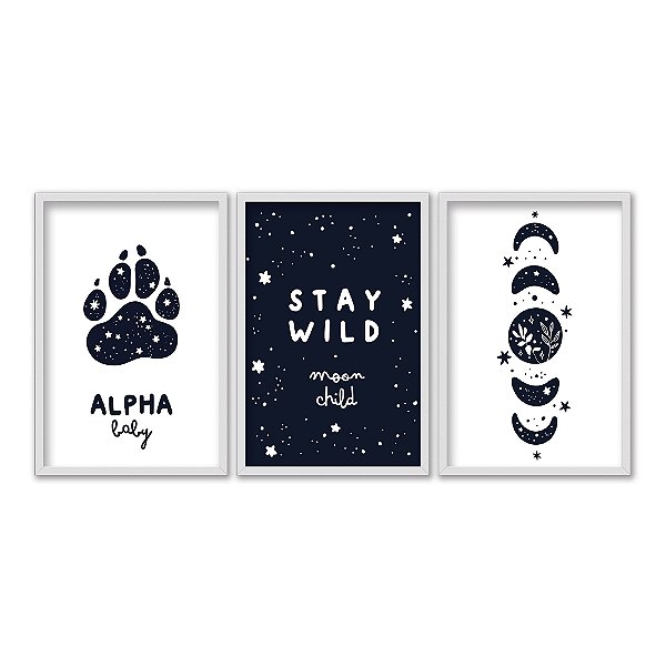 Kit 3 Quadros Decorativos Céu Estrelado Pata Fases Da Lua Frase Permaneça Selvagem