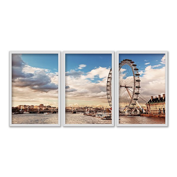 Kit 3 Quadros Decorativos Paisagem Cidade Roda Gigante Ao Fundo