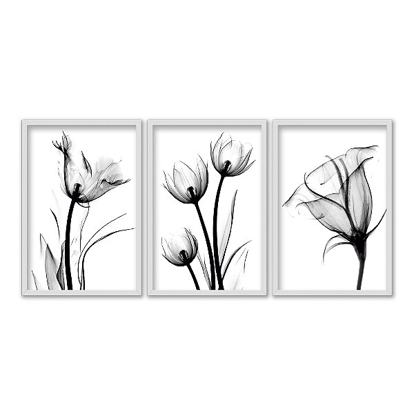 Kit 3 Quadros Decorativos Flores Preto E Branco Abstrato Moderno