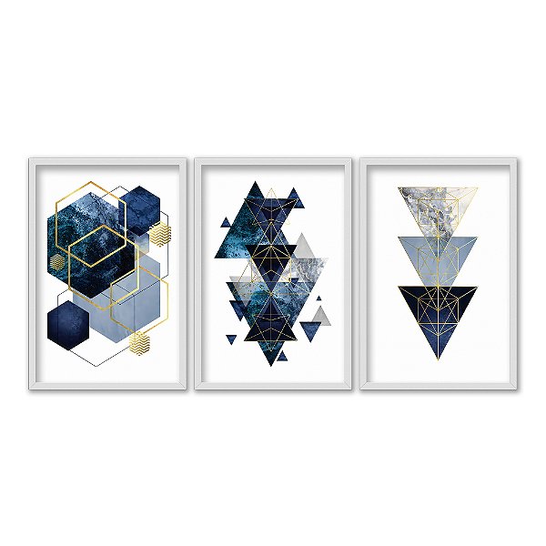 Kit 3 Quadros Decorativos Formas Geométricas Azuis Texturizadas Detalhes Dourados