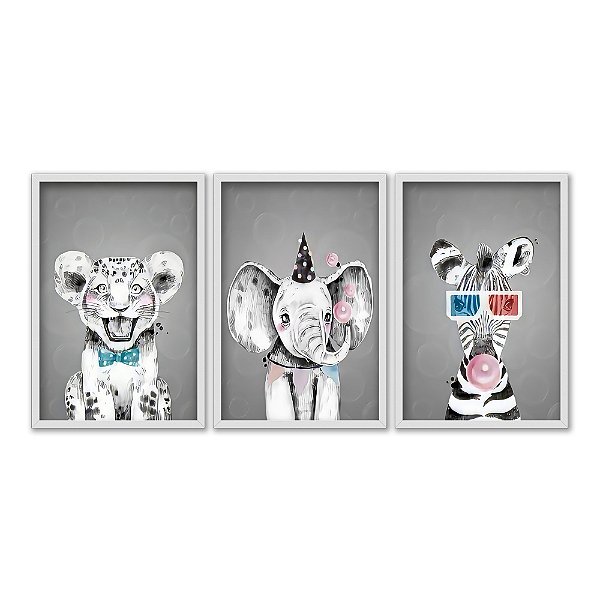 Kit 3 Quadros Decorativos Bebês Animais Preto E Branco Detalhes Coloridos Infantil