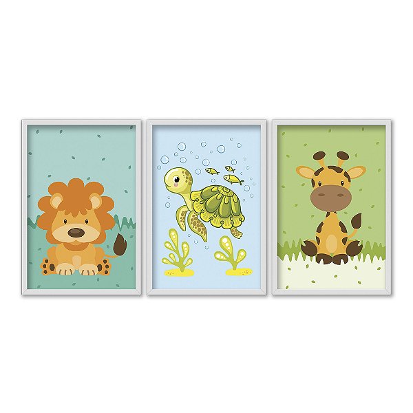 Kit 3 Quadros Decorativos Desenho Tartaruga Leão Girafa Infatil Bebê