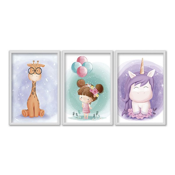 Kit 3 Quadros Decorativos Garotinha Segurando Balões Girada Unicórnio Infantil Bebê