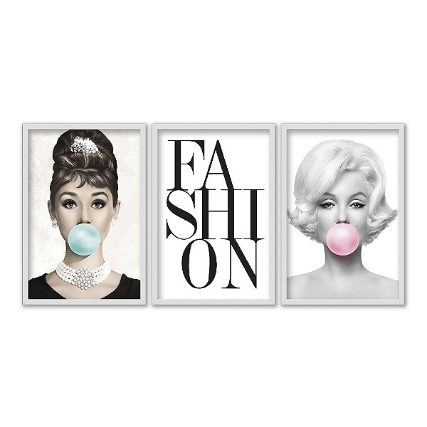 Kit 3 Quadros Decorativos Fashion Em Preto E Branco Mulhres Bolha De Chiclete
