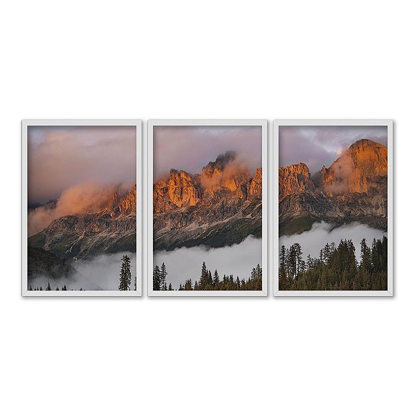 Kit 3 Quadros Decorativos Fotografia Montanhas Enevoadas Iluminadas Pelo Por do Sol