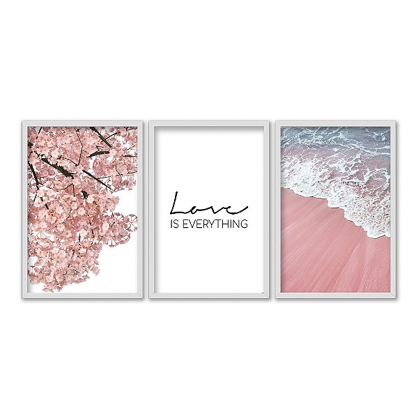 Kit 3 Quadros Decorativos Cerejeira Mar Areia Rosa Frase Amor é Tudo
