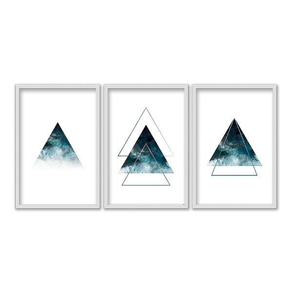 Kit 3 Quadros Decorativos Triangulos Dupla Exposição Degradê Caótigo Azul Ao Branco