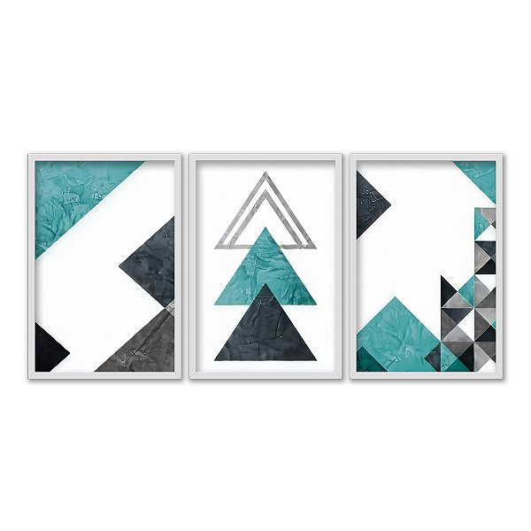 Kit 3 Quadros Decorativos Triângulos Textura de Papel Verde e Preto Morderno
