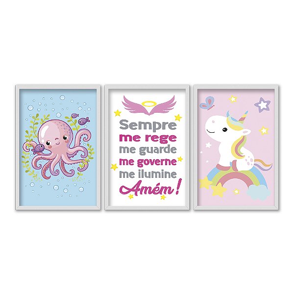 Kit 3 Quadros Decorativos Um Pôster Branco Com Um Anjo Rosa E Estrelas Amarelas
