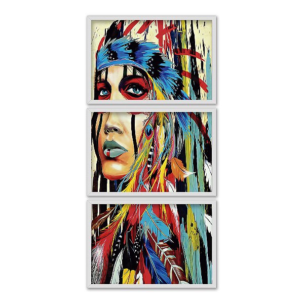 Kit 3 Quadros Decorativos Efeito Pintura De Uma Mulher Com Cocar E Penas Na Cabeça