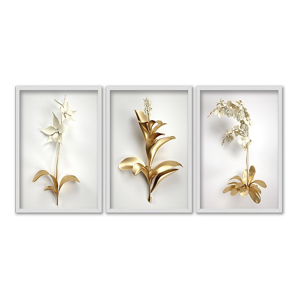 Kit 3 Quadros Decorativos Flores Douradas Fundo Branco Moderno