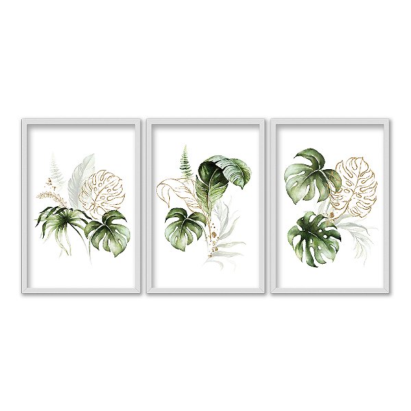 Kit 3 Quadros Decorativos Efeito Pintura Folhas Samambaia Fundo Branco