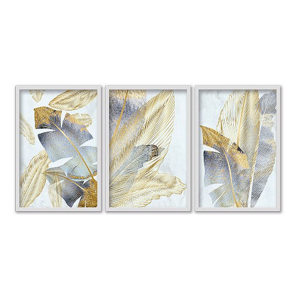 Kit 3 Quadros Decorativos Folhas Listras Douradas Abstrato Moderno