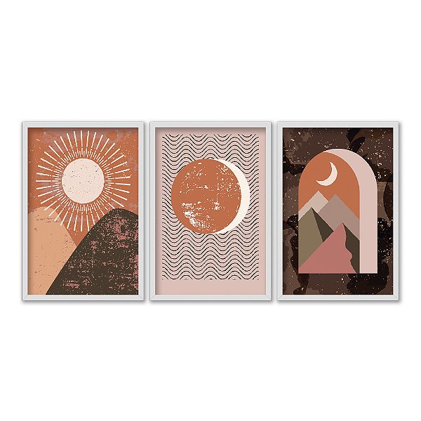Kit 3 Quadros Decorativos Abstrato Lua Sol No Horizonte Tons de Marrom