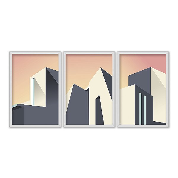 Kit 3 Quadros Decorativos Desenhos Prédios Modernos Céu Laranja