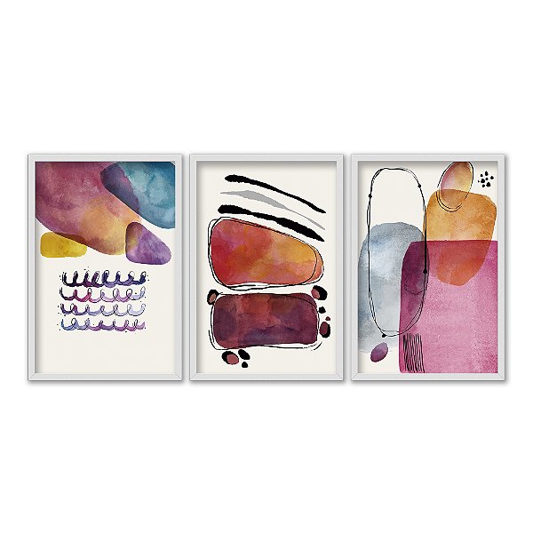 Kit 3 Quadros Decorativos Fomas E Manchas de Tinta Efeito Aquarela Abstrato