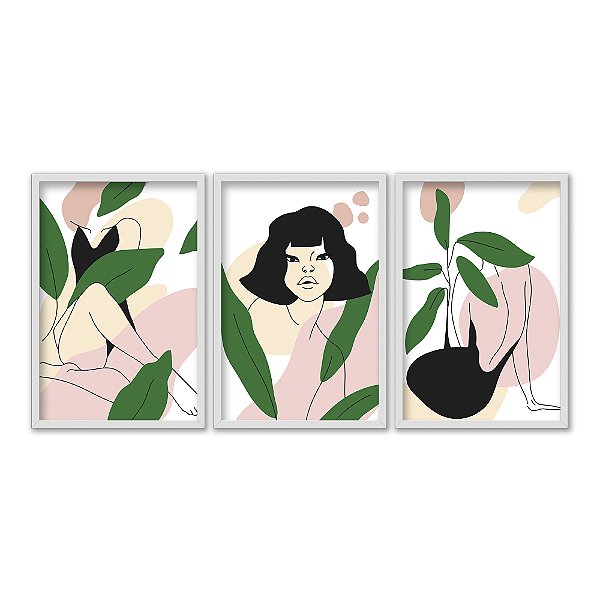 Kit 3 Quadros Decorativos Ilustração De Uma Mulher Com Uma Expressão Triste No Rosto