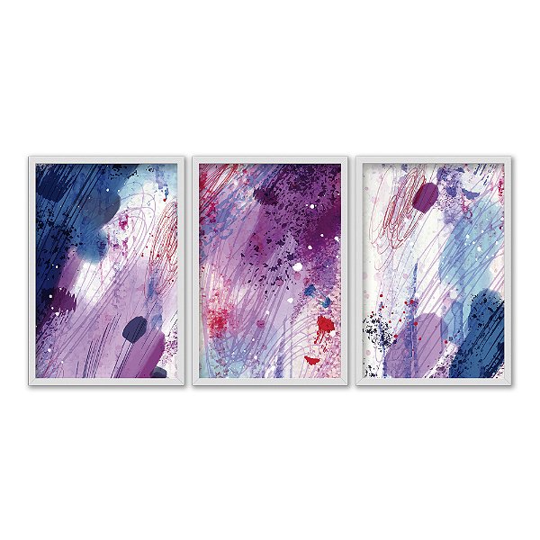 Kit 3 Quadros Decorativos Efeito Pintura Manchas de Tinta Rabiscos Abstrato Colorido