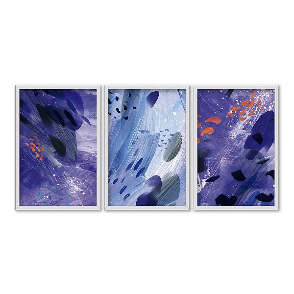 Kit 3 Quadros Decorativos Efeito Pintura Manchas de Tinta Rabiscos Formas Abstratas Azul