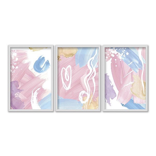Kit 3 Quadros Decorativos Efeito Pintura Pinceladas Colorias e Rabiscos Abstrato