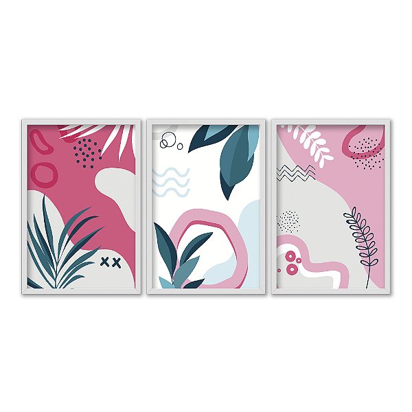 Kit 3 Quadros Decorativos Folhas e Plantas Em Fundo Abstrato Rosa
