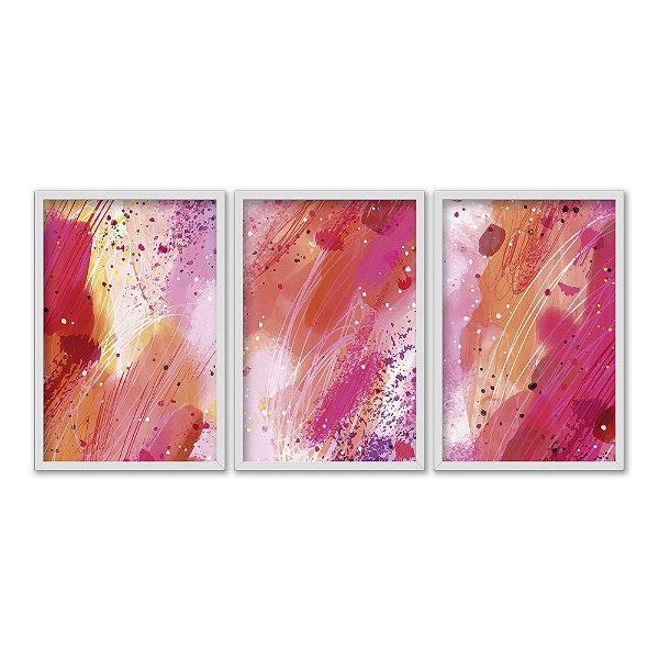 Kit 3 Quadros Decorativos Efeito Pintura Abstrata De Um Fundo Rosa E Laranja Splash de Tinta