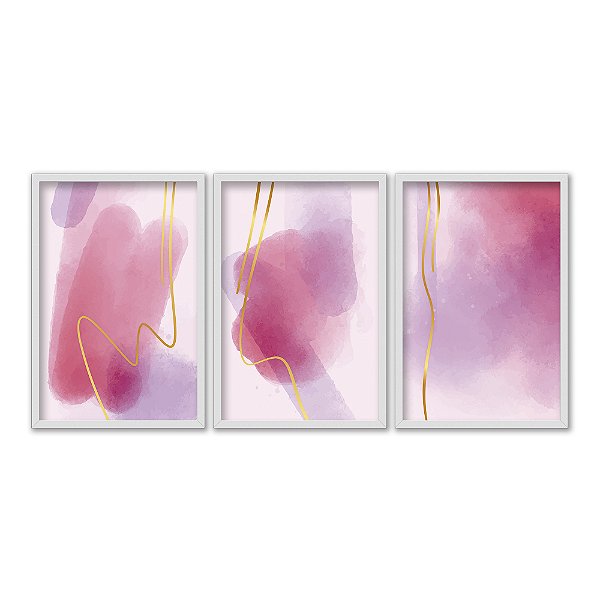 Kit 3 Quadros Decorativos Efeito Fundo Aquarela Rosa E Roxo Linhas Douradas